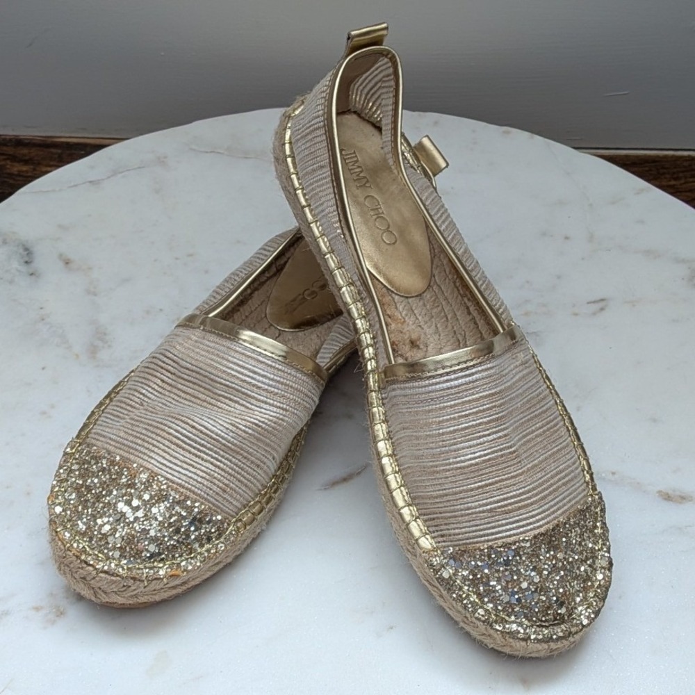 Jimmy Choo Gold Glitter Cap‎ Toe Espadrille Flats Metallic Ribbed Shoes 36.5